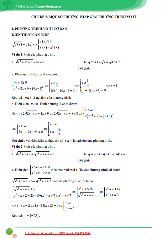 Chuyên đề một số phương pháp giải phương trình vô tỷ